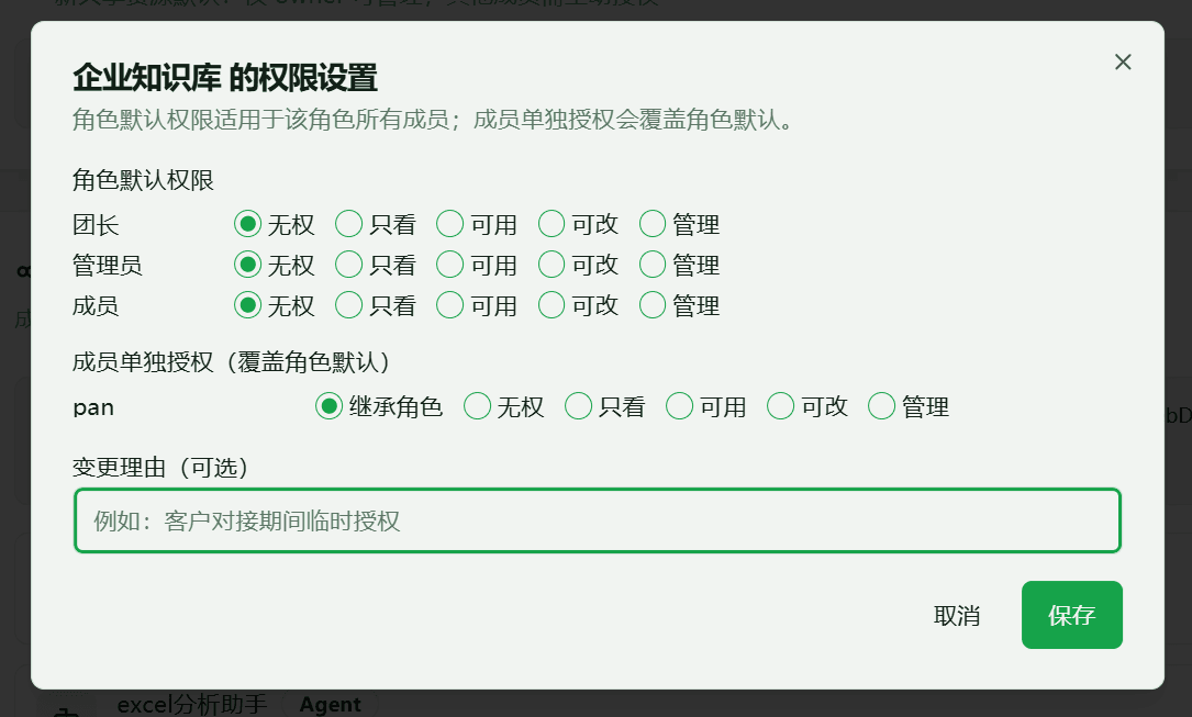 抽屉助手企业知识库权限设置弹窗，5 档权限与成员单独授权