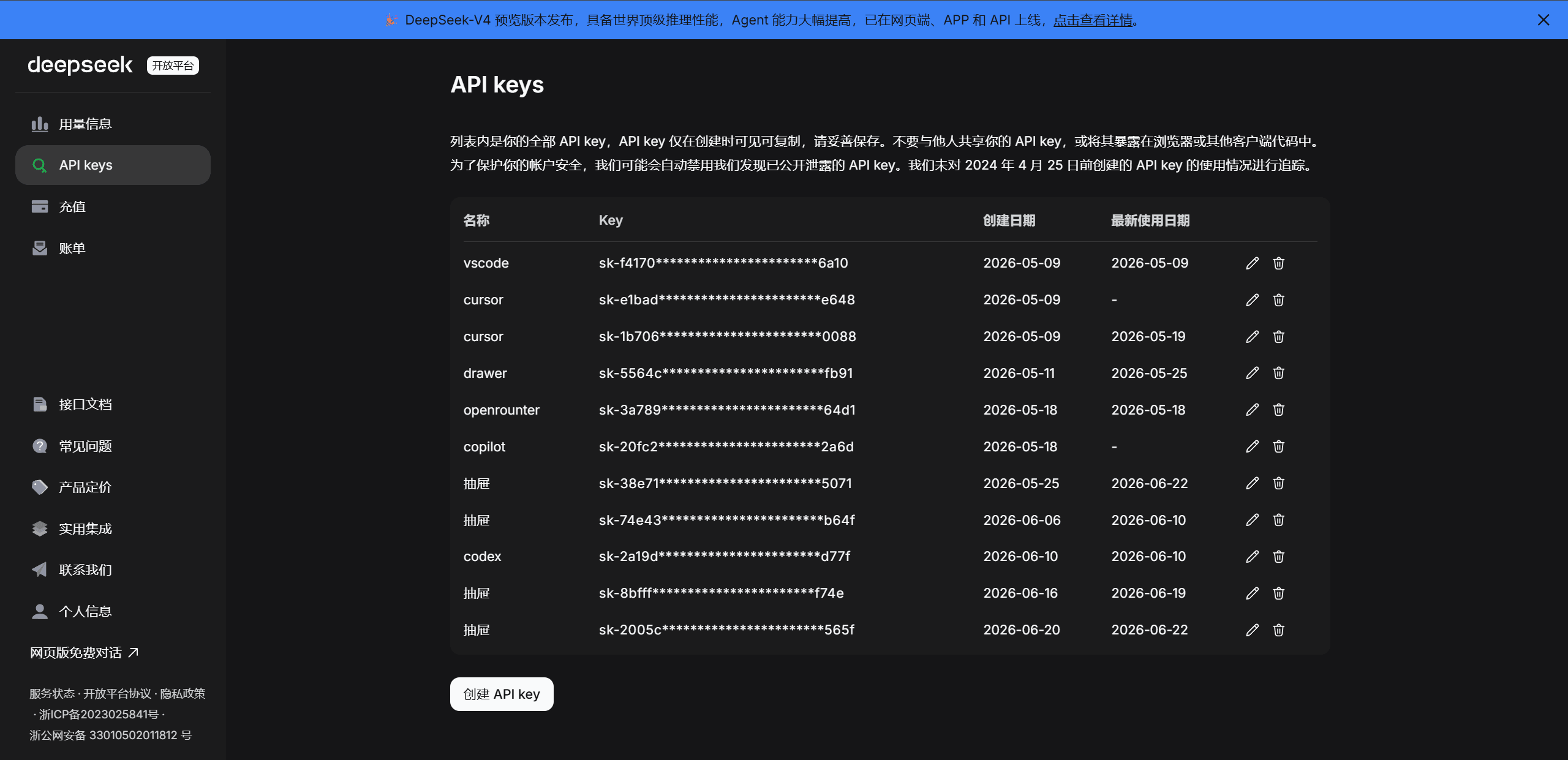 DeepSeek 的 API Key 创建入口